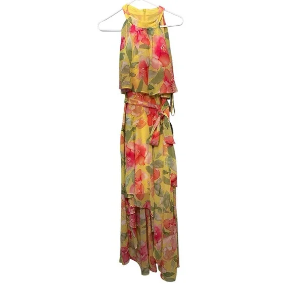 $148 Eliza J Yellow Floral Halter Neck High Low Flowy Spring Dress Sz 12 NWT - Picture 4 of 10